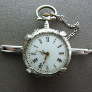Wwi Antique Silver French Lady Pocket Watch Adjustable Silver Bracelet