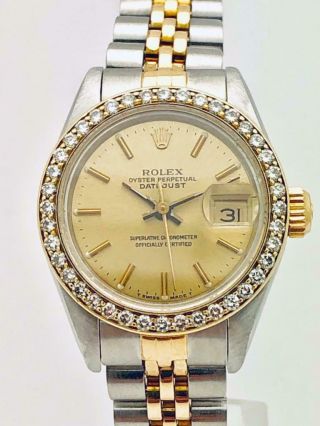 Estate Rolex Datejust Ss & 18k Gold Ladies 26mm Diamond Bezel & Gold Dial Wow