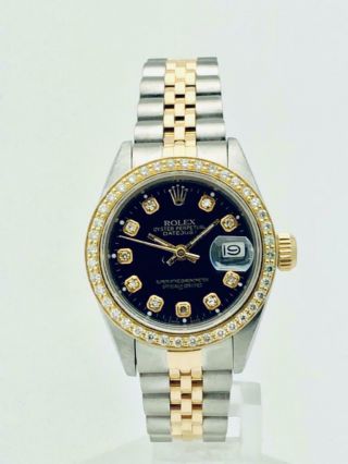 Estate Rolex Datejust Ss & 18k Gold 26mm Ladies Diamond Bezel & Black Dia Dial