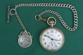 Antique Vintage Ww2 Military Gstp Pocket Watch And Matching Silver Albert Chain.