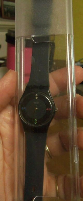 Vintage 80s Swatch Watch 755 Black With Bling Stones - Nos