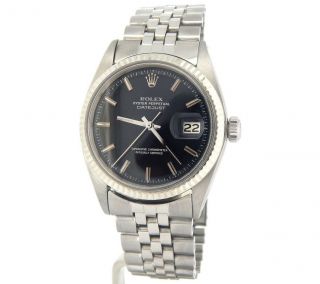 Rolex Datejust Mens Stainless Steel Watch 18k White Gold Bezel Black Dial 1601
