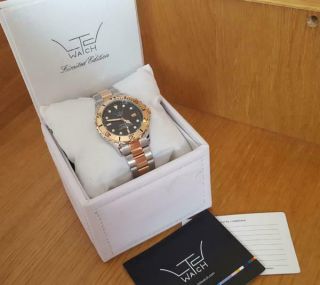Mens Classic 2 - tone Rose - Gold & Steel LTD Limited Edition Black Face Diver Watch 6