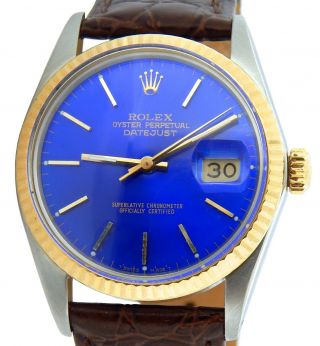 Rolex Datejust 16013 Mens 2tone Stainless Steel & Yellow Gold Watch Blue Dial