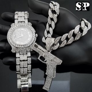 Men Luxury Hip Hop Iced Watch & 37 Rip Mary Gun & 16 " Full Iced Cuban Chain
