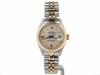 Rolex Datejust 6917 Ladies Yellow Gold & Steel Watch Silver Diamond Ruby Dial 2
