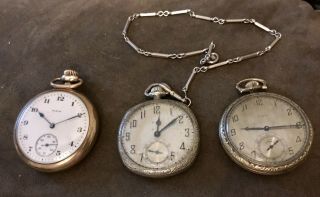 - 3 - Antique Gold Filled Elgin Pocket Watches 1x16s & 2x12s.  Parts