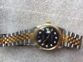 Mens 16013 Rolex Oyster Perpetual Datejust Blue Diamond Dial Gold Stainless 1985