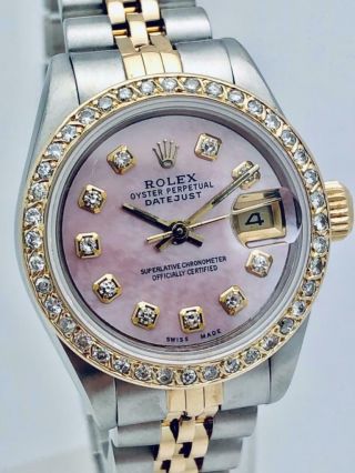 ROLEX Datejust SS & 18k Gold Ladies 26mm Diamond Bezel & Pink Pearl Diamond Dial 10