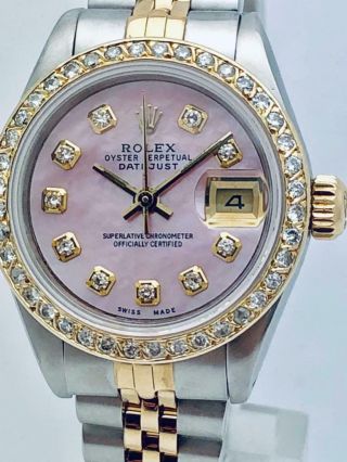 Rolex Datejust Ss & 18k Gold Ladies 26mm Diamond Bezel & Pink Pearl Diamond Dial