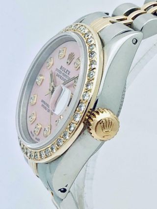 ROLEX Datejust SS & 18k Gold Ladies 26mm Diamond Bezel & Pink Pearl Diamond Dial 3