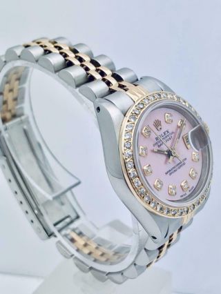 ROLEX Datejust SS & 18k Gold Ladies 26mm Diamond Bezel & Pink Pearl Diamond Dial 8