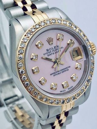 ROLEX Datejust SS & 18k Gold Ladies 26mm Diamond Bezel & Pink Pearl Diamond Dial 9