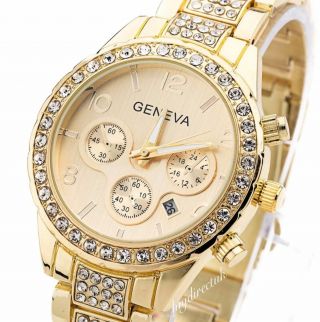 Ladies Womens Gold Geneva Chronograph Designer Style Crystals Bling Watch