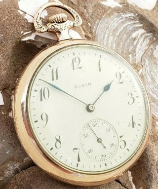 Cf3 16sz 1910 Elgin Vintage Perfect Dial Crisp 10k Gold Fill Pocket Watch Run A,