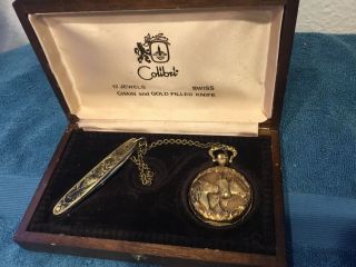 Vintage Colibri 17 Jewel Gold Filled Pocket Watch Knife Equestrian Horse