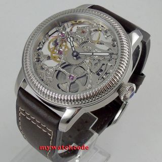 Parnis 44mm Skeleton Dial Mechanical Hand Winding 6497 Movement Mens Watch P1234