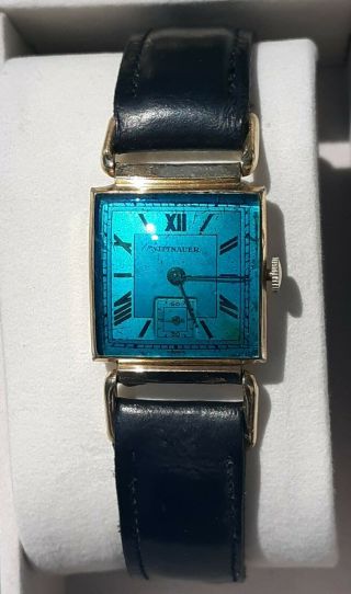 Vintage Wittnauer Mens Watch W/blue Acrylic Crystal Swiss Made 17 Jewels Running