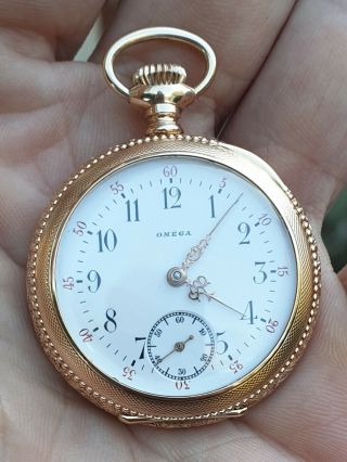 1900 Antique Omega Open Faced Pocket Watch Gold Filled 36mm Diameter With.