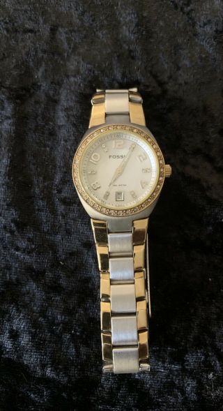 Ladies Fossil Watch With Mother Of Pearl Face Date Crystals Two Tone