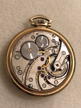 Bulova pocket watch unadjusted 17 Jewels,  Swiss,  10K rolled gold plate 2