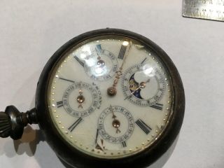 Antique Triple date moon phase pocket watch 2 - 1/8 inches across not running. 8