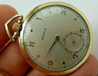 Vintage 10k Rolled Gold Plate Benrus 12 Size Cal Aw1 15 Jewel Pocket Watch Gents