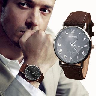 Men’s Black Dial Contemporary Analogue Quartz Watch With Grained Leather Strap