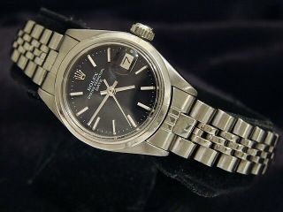Rolex Oyster Perpetual Date Ladies Stainless Steel Watch Jubilee Black Dial 6916