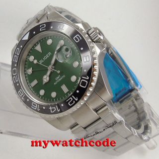 40mm Bliger Green Dial Gmt Ceramic Bezel Sapphire Crystal Automatic Mens Watch