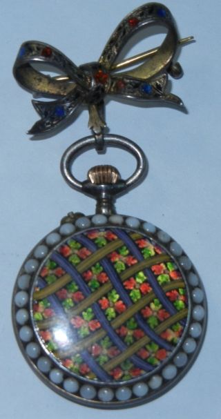 Antique Guilloche Sterling Pocket Watch Enamel And Stone Bead W Enamel Pin H173