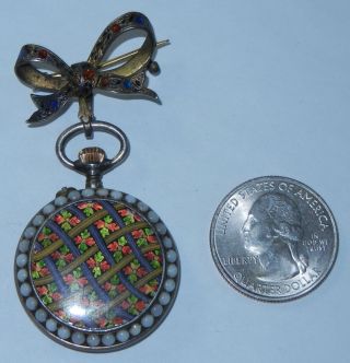 Antique Guilloche Sterling Pocket Watch Enamel and Stone Bead w Enamel Pin h173 3