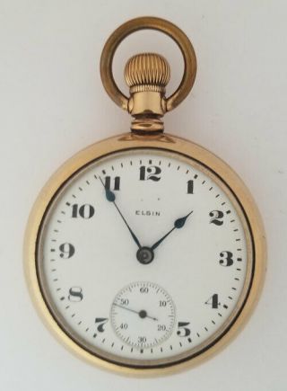 Antique Elgin Open Face Gold Filled Pocket Watch 18s Full Order