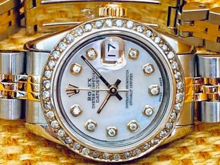 Estate Rolex Datejust Ss & 18k Gold Ladies 26mm Diamond Mother Of Pearl