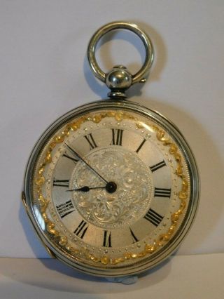 Antique Solid Silver Pocket Watch Slim Key Winding - Patterned Dial - ?