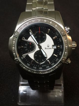 Bulova Diamond 96e108 Wrist Watch For Men,  Black/white Face,  Date 45mm