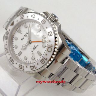 40mm Bliger White Dial Gmt Ceramic Bezel Date Sapphire Automatic Mens Watch