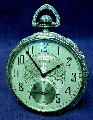 1933 Elgin 12s 16 Sided Fancy White Gold Filled Art Deco Pocket Watch