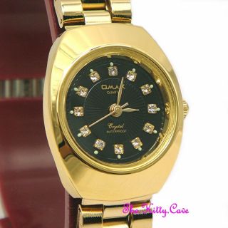 Designer Classic Omax Ladies Waterproof Gold Black Crystal Dress Watch WP3900 2