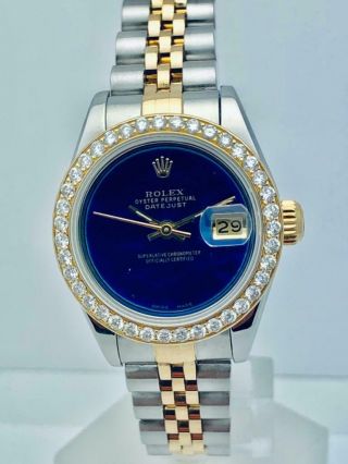 Estate Rolex Datejust Ss & 18k Gold Ladies 26mm Vs Diamond Bezel W/ Blue Mop