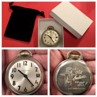 Vintage 16s Pocket Watch Indian Motorcycle Theme Case & Date Dial Runs Well.