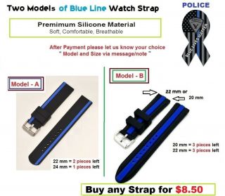 20,  22,  24 Mm Police Thin Blue Line Watch Band Strap Silicon