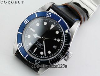 41mm Corgeut Black Dial Silver Case Blue Bezel Leather Band Automatic Wristwatch