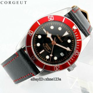 Hot 41mm Corgeut Black Silver Case Red Bezel Leather Band Automatic Wristwatch