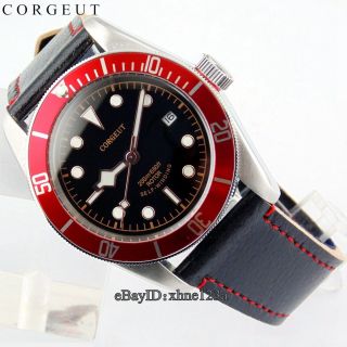 Hot 41mm Corgeut black silver Case Red Bezel Leather Band Automatic Wristwatch 2