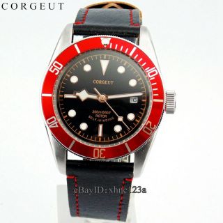 Hot 41mm Corgeut black silver Case Red Bezel Leather Band Automatic Wristwatch 3