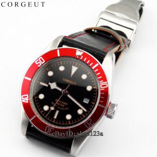 Hot 41mm Corgeut black silver Case Red Bezel Leather Band Automatic Wristwatch 4