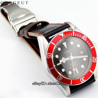 Hot 41mm Corgeut black silver Case Red Bezel Leather Band Automatic Wristwatch 5