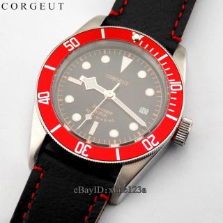 Hot 41mm Corgeut black silver Case Red Bezel Leather Band Automatic Wristwatch 7