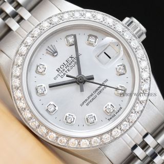 LADIES ROLEX DIAMOND DATEJUST 18K WHITE GOLD STAINLESS STEEL SILVER DIAL WATCH 2
